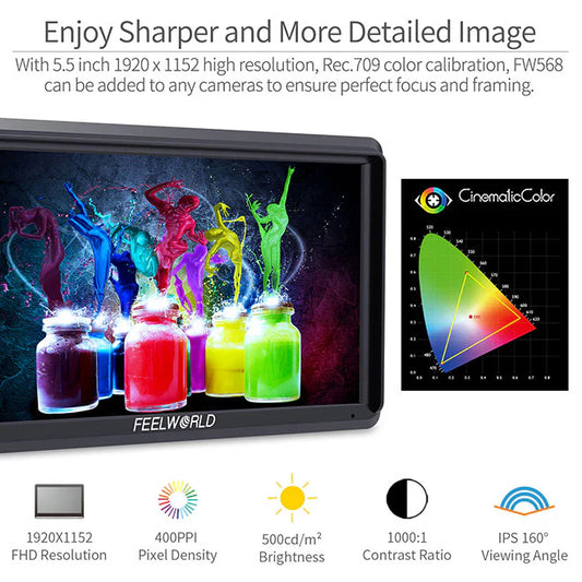 FEELWORLD FW568 V3 6 Inch 3D LUT DSLR Camera Field Monitor IPS Full HD 1920x1080 Support HDMI Input Output Tilt Arm Power Output