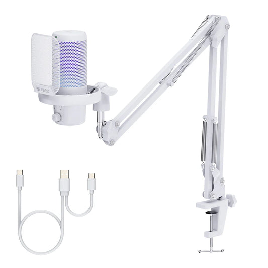 FEELWORLD VM1 USB Condenser Gaming Microphone for Streaming Noise Cancellation Mute RGB Light Boom Arm Stand
