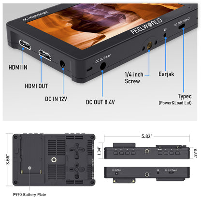 FEELWORLD F5 PROX 5.5 Inch 1600nit High Bright DSLR Camera Field Monitor F970 Install and Power Kit