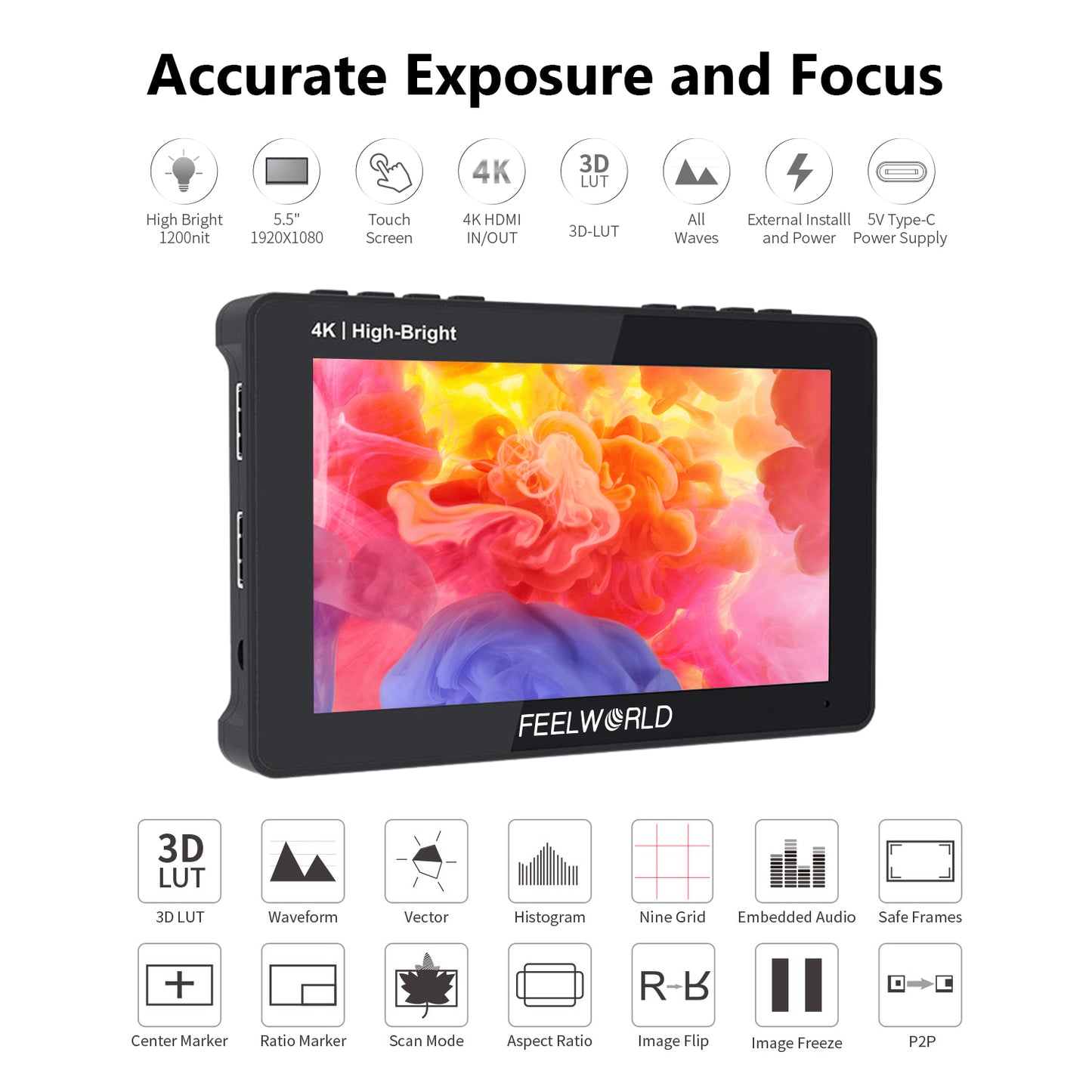 FEELWORLD F5 PROX 5.5 Inch 1600nit High Bright DSLR Camera Field Monitor F970 Install and Power Kit