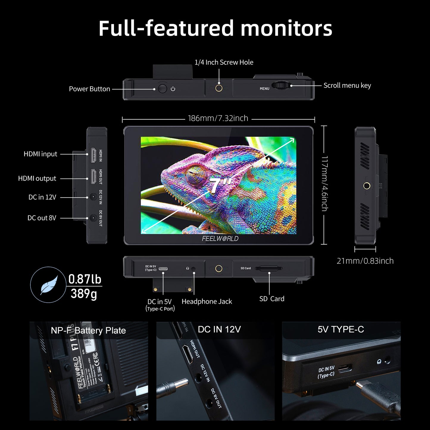 FEELWORLD F7 PLUS 7-Inch DSLR Camera Field Monitor Touchscreen 4K HDMI High Brightness 1200nit NP-F External Install and Power Kit