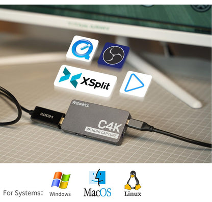 FEEWORLD C4K Video Capture 4K HDMI 60Hz In and Out USB-C Plug and Play for Streaming Gaming Video Conference