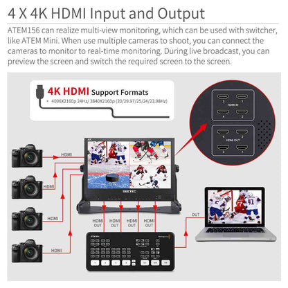 FEELWORLD SEETEC ATEM156 15.6 Inch Live Streaming Broadcast Director Monitor with 4 HDMI Input Output Quad Split Display for ATEM Mini Video Switcher Mixer Pro Studio Television Production
