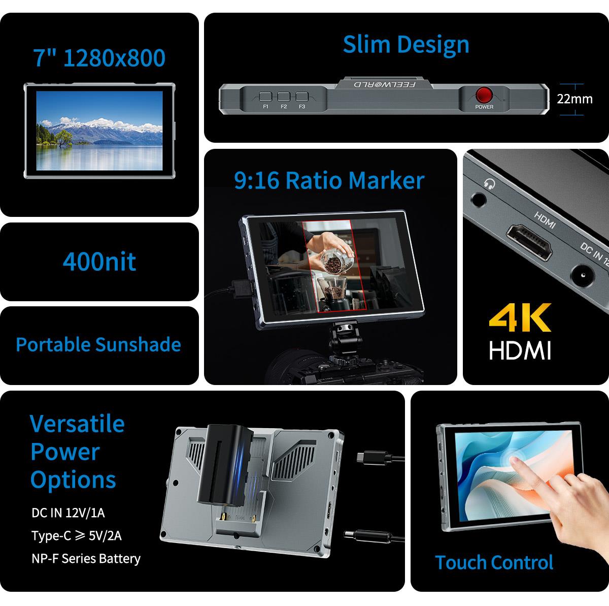 FEELWORLD FW759 PRO 7 Inch Touch Screen Camera Field Video Monitor 4K HDMI 1280x800 IPS