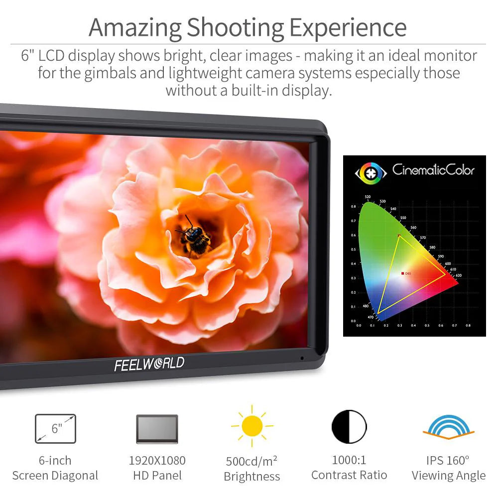 FEELWORLD S55 V3 6 Inch DSLR Camera Field Monitor FHD IPS Support 4K HDMI Input Output Tilt Arm Power Output