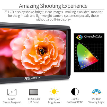 FEELWORLD S55 V3 6 Inch DSLR Camera Field Monitor FHD IPS Support 4K HDMI Input Output Tilt Arm Power Output