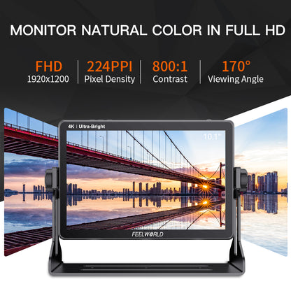 FEELWORLD LUT11S 10.1 Inch Ultra Bright 2000nit DSLR Camera Field Monitor Touch Screen 3G-SDI 4K HDMI F970 External Power and Install Kit