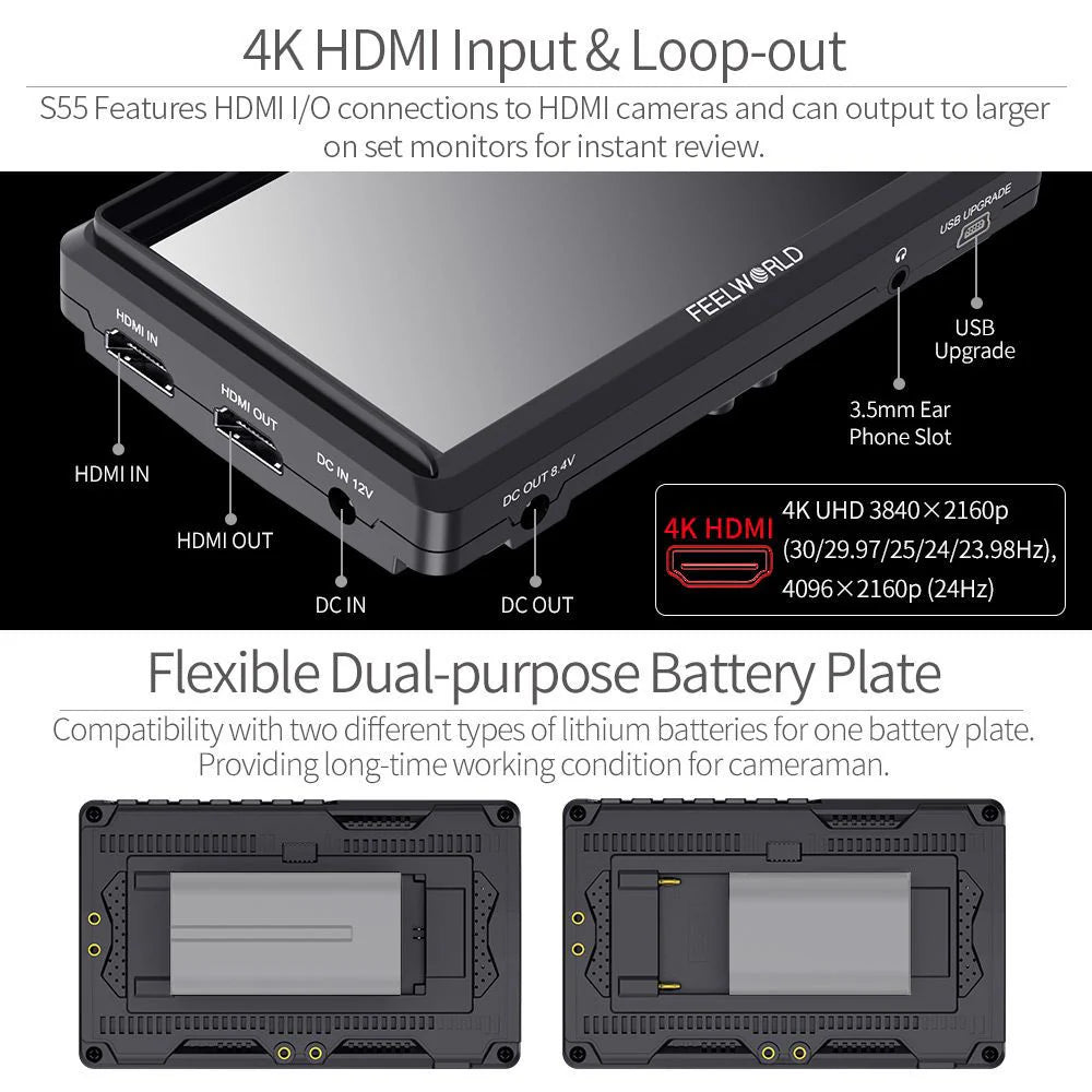 FEELWORLD S55 V3 6 Inch DSLR Camera Field Monitor FHD IPS Support 4K HDMI Input Output Tilt Arm Power Output