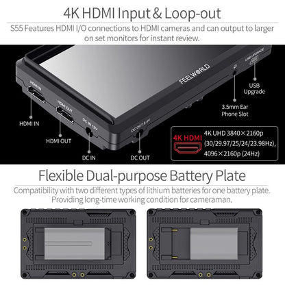 FEELWORLD S55 V3 6 Inch DSLR Camera Field Monitor FHD IPS Support 4K HDMI Input Output Tilt Arm Power Output