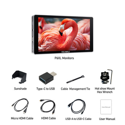 FEELWORLD P6XL 6 Inch Built-in Battery Touchscreen High Bright 1200nit Aluminium Housing DSLR Camera Field Monitor 4K 30Hz