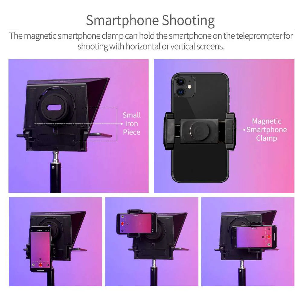 FEELWORLD TP2A Portable 8-inch Teleprompter supports up to 8" Smartphone/Tablet Prompting Smartphone DSLR Shooting with Remote Control & Lens Adapter Rings