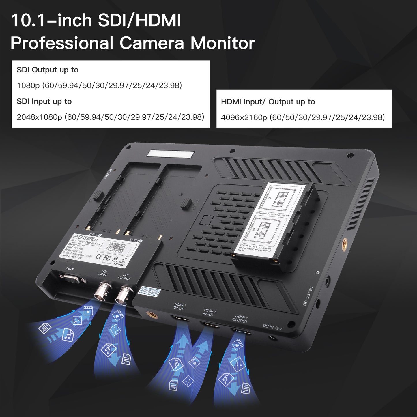FEELWORLD LUT11S 10.1 Inch Ultra Bright 2000nit DSLR Camera Field Monitor Touch Screen 3G-SDI 4K HDMI F970 External Power and Install Kit