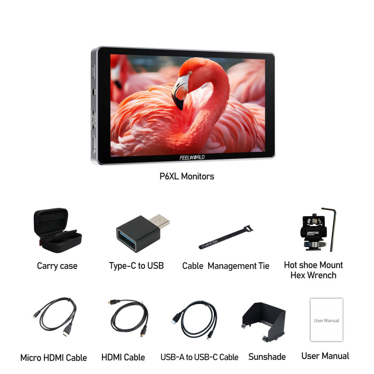 FEELWORLD P6XL 6 Inch Built-in Battery Touchscreen High Bright 1200nit Aluminium Housing DSLR Camera Field Monitor 4K 30Hz