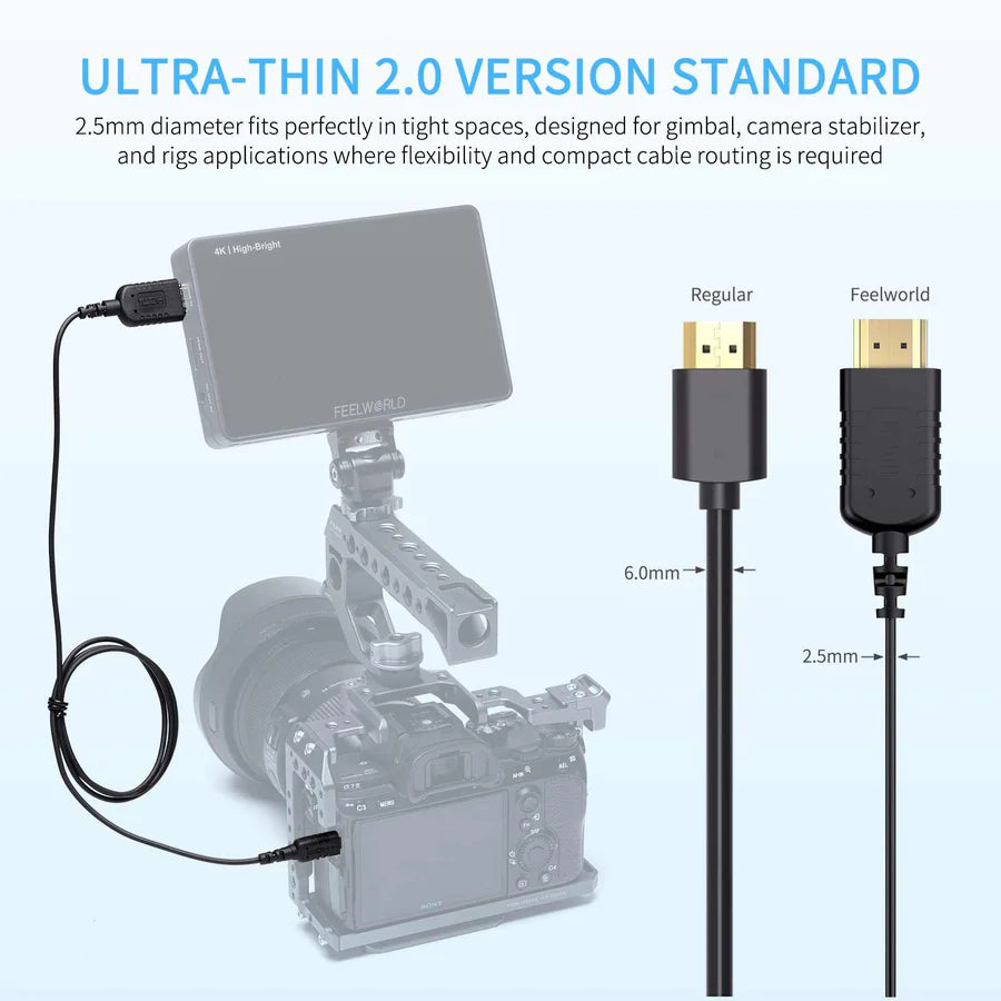 FEELWORLD Ultra Thin 4K HDMI Cable 1.5FT/3FT 2.5mm OD Slim HDMI 2.0 Cable Support High Speed 4K@60Hz 2160p 1080p 18gbps 3D HDR for Panasonic / Nikon / FUJIFILM