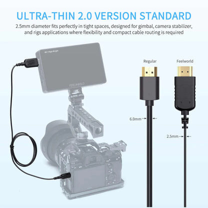 FEELWORLD Ultra Thin 4K HDMI Cable 1.5FT/3FT 2.5mm OD Slim HDMI 2.0 Cable Support High Speed 4K@60Hz 2160p 1080p 18gbps 3D HDR for Panasonic / Nikon / FUJIFILM