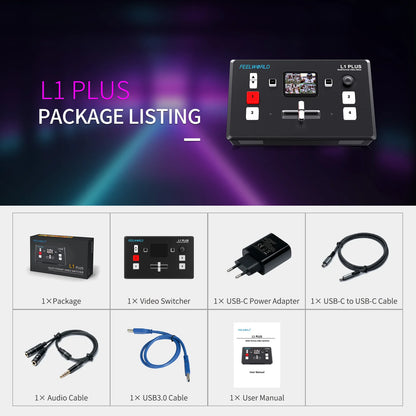 FEELWORLD L1 PLUS Multi-camera Video Mixer Switcher Touch Screen PTZ Control USB3.0 Fast Streaming