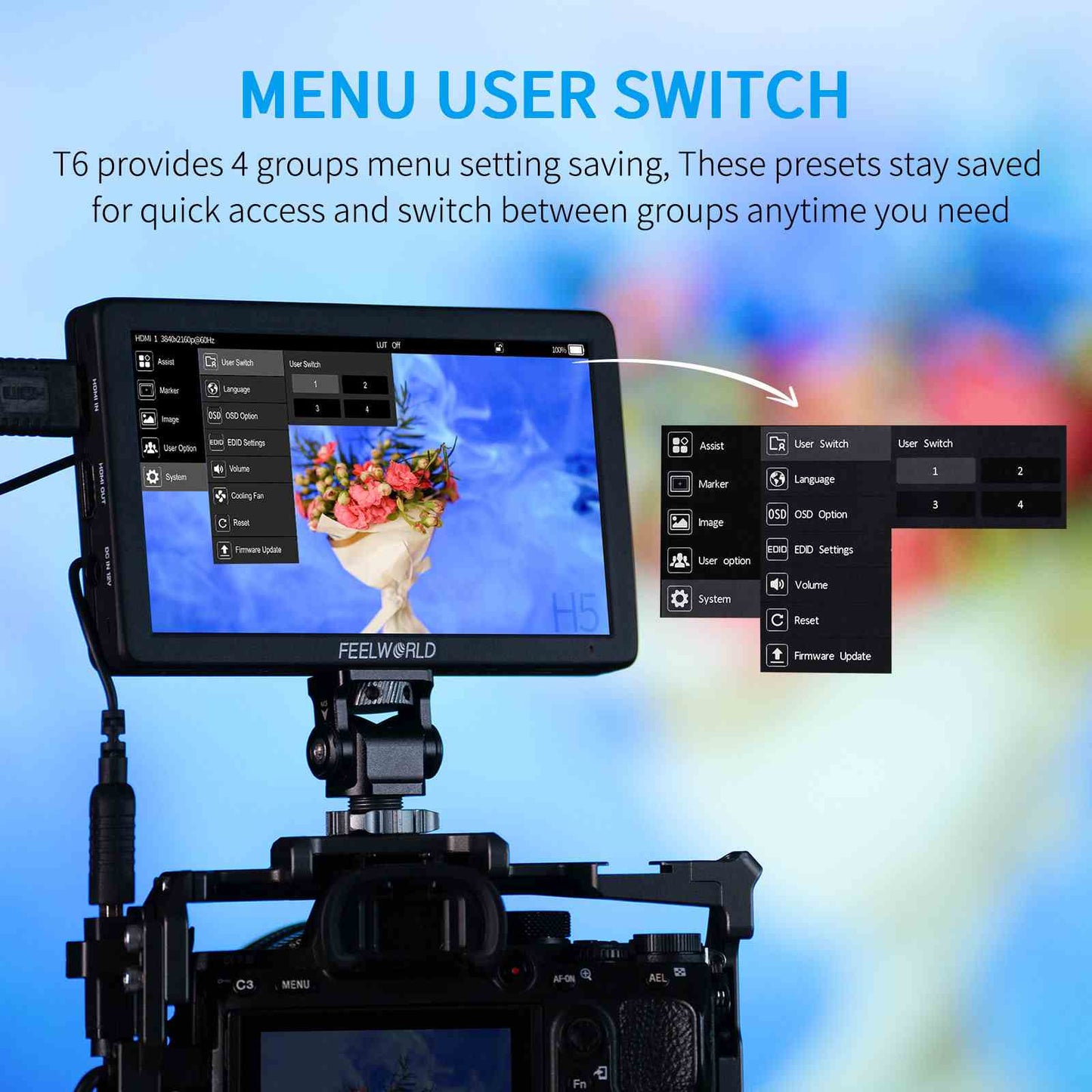 FEELWORLD T6 6-Inch Camera Field Video Monitor Aluminium Housing 4K HDMI USB-C Power Input