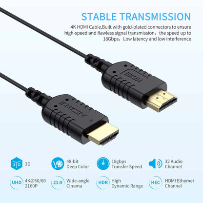 FEELWORLD Ultra Thin 4K HDMI Cable 1.5FT/3FT 2.5mm OD Slim HDMI 2.0 Cable Support High Speed 4K@60Hz 2160p 1080p 18gbps 3D HDR for Panasonic / Nikon / FUJIFILM