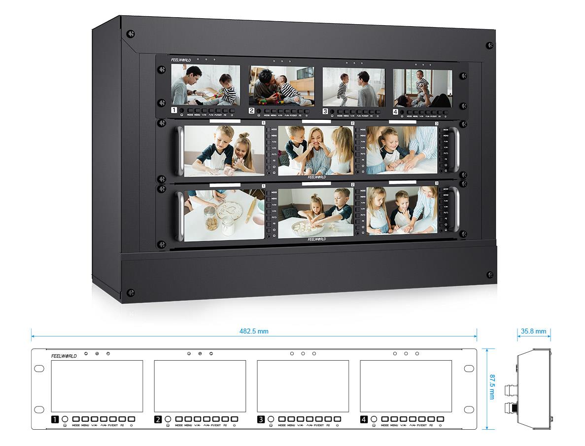 FEELWORLD Q41 Quad 4.5" 2RU Rack Mount Monitor 3G-SDI 4KHDMI AV Input and output