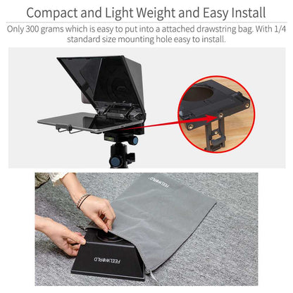 FEELWORLD TP2A Portable 8-inch Teleprompter supports up to 8" Smartphone/Tablet Prompting Smartphone DSLR Shooting with Remote Control & Lens Adapter Rings
