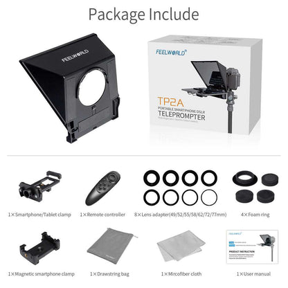 FEELWORLD TP2A Portable 8-inch Teleprompter supports up to 8" Smartphone/Tablet Prompting Smartphone DSLR Shooting with Remote Control & Lens Adapter Rings