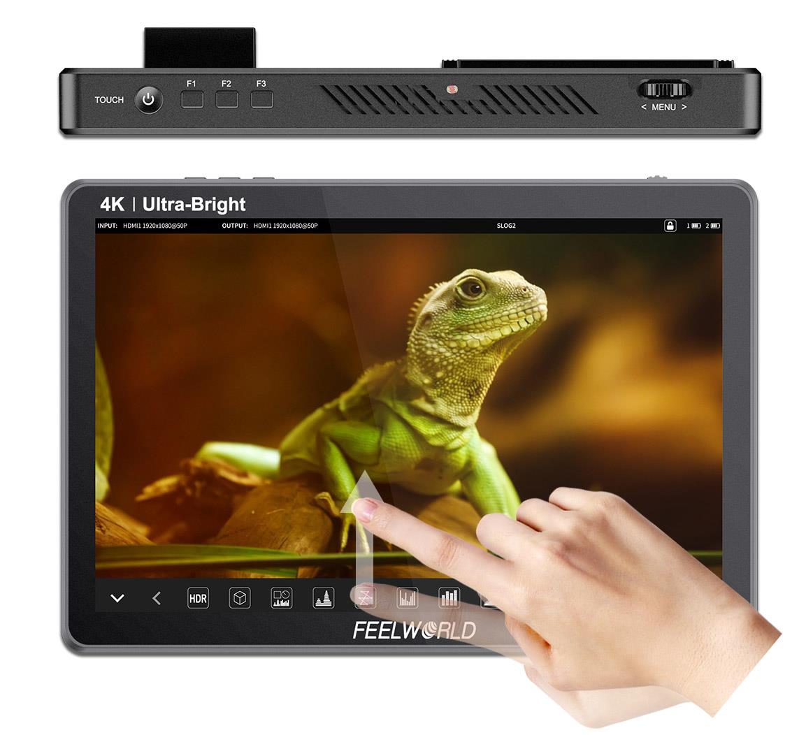 FEELWORLD LUT11S 10.1 Inch Ultra Bright 2000nit DSLR Camera Field Monitor Touch Screen 3G-SDI 4K HDMI F970 External Power and Install Kit
