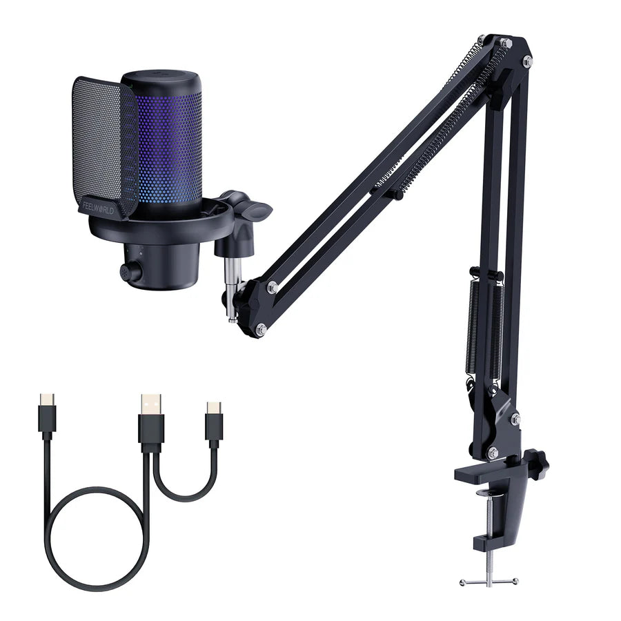 FEELWORLD VM1 USB Condenser Gaming Microphone for Streaming Noise Cancellation Mute RGB Light Boom Arm Stand
