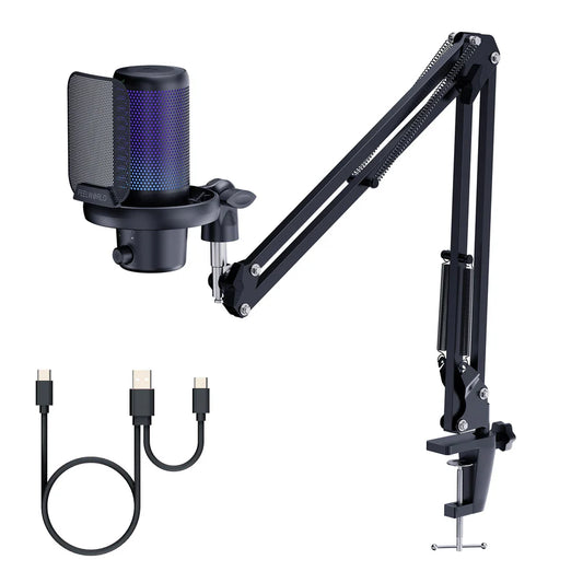 FEELWORLD VM1 USB Condenser Gaming Microphone for Streaming Noise Cancellation Mute RGB Light Boom Arm Stand
