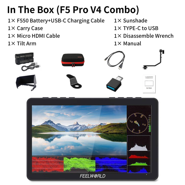 FEELWORLD F5 Pro V4 6 Inch Touch Screen 3D LUT DSLR Camera Field Monitor with F970 External Kit