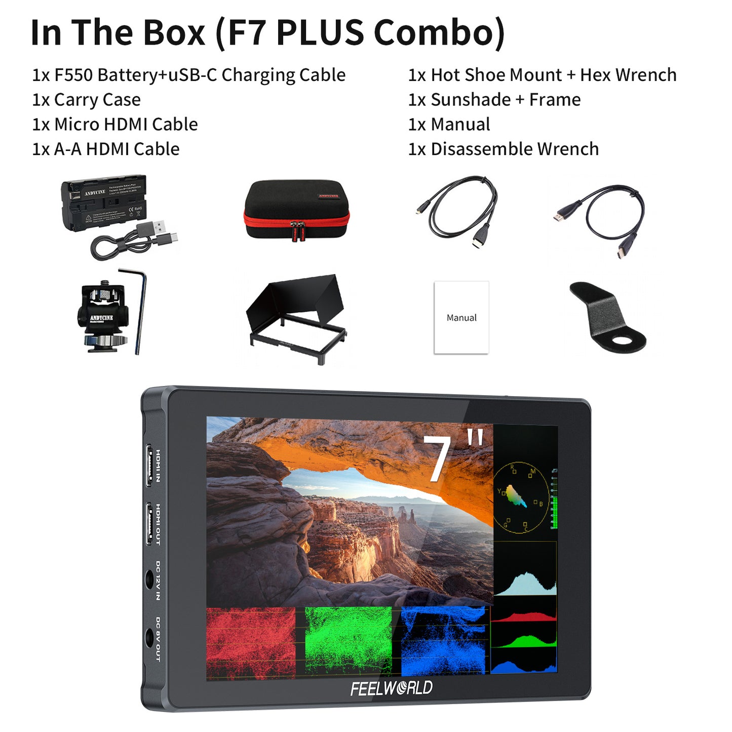 FEELWORLD F7 PLUS 7-Inch DSLR Camera Field Monitor Touchscreen 4K HDMI High Brightness 1200nit NP-F External Install and Power Kit