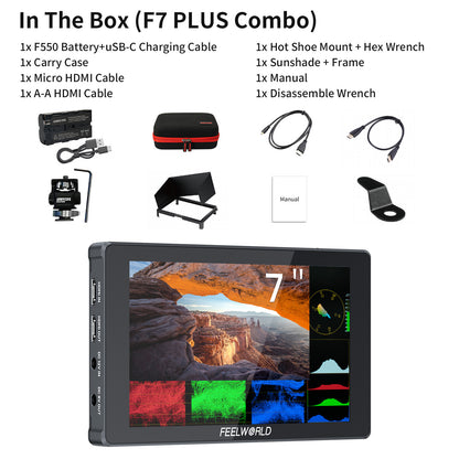 FEELWORLD F7 PLUS 7-Inch DSLR Camera Field Monitor Touchscreen 4K HDMI High Brightness 1200nit NP-F External Install and Power Kit
