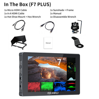 FEELWORLD F7 PLUS 7-Inch DSLR Camera Field Monitor Touchscreen 4K HDMI High Brightness 1200nit NP-F External Install and Power Kit