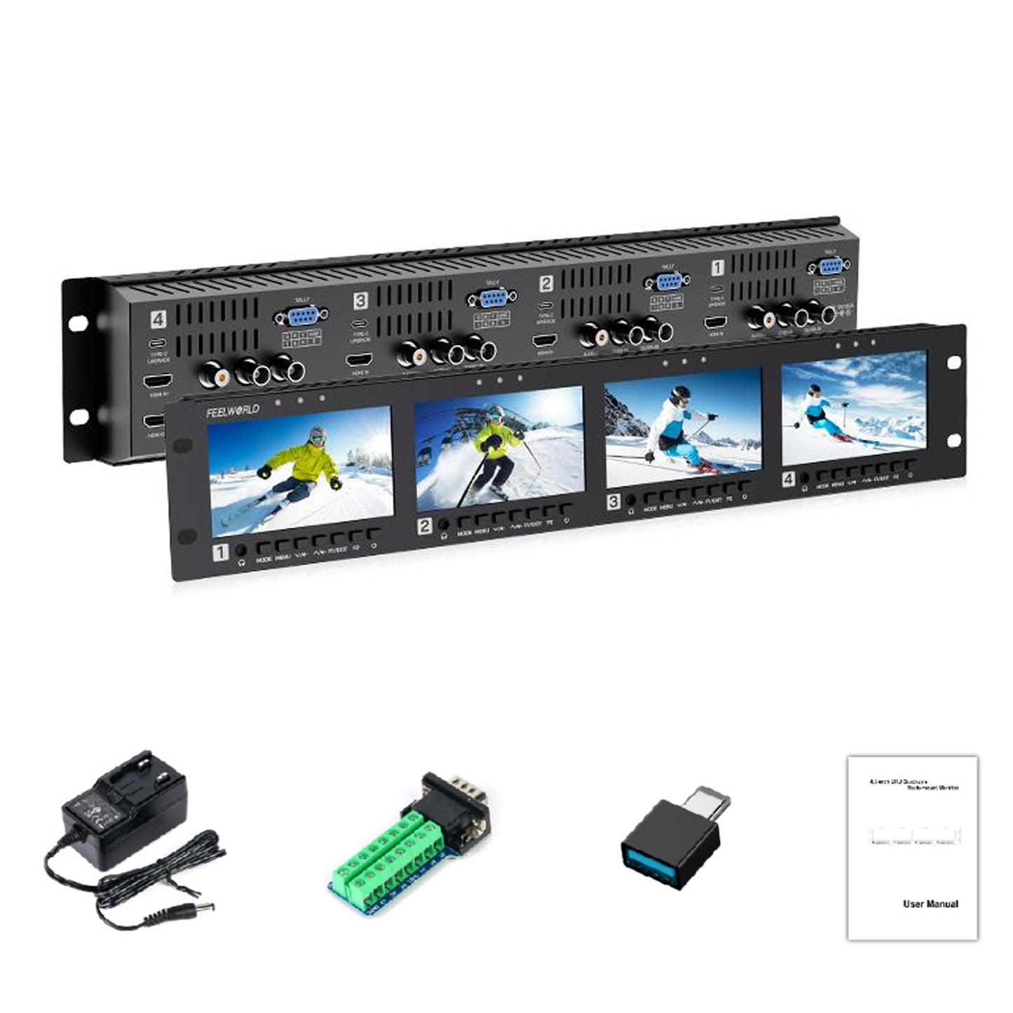 FEELWORLD Q41 Quad 4.5" 2RU Rack Mount Monitor 3G-SDI 4KHDMI AV Input and output