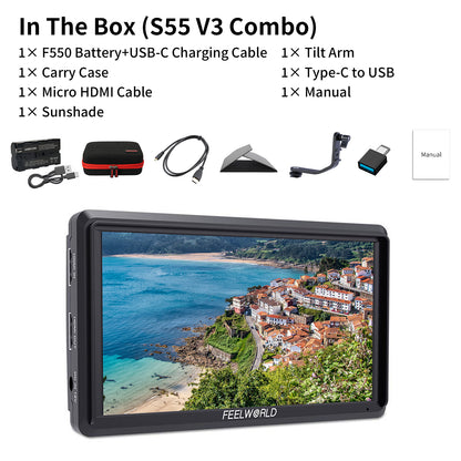FEELWORLD S55 V3 6 Inch DSLR Camera Field Monitor FHD IPS Support 4K HDMI Input Output Tilt Arm Power Output