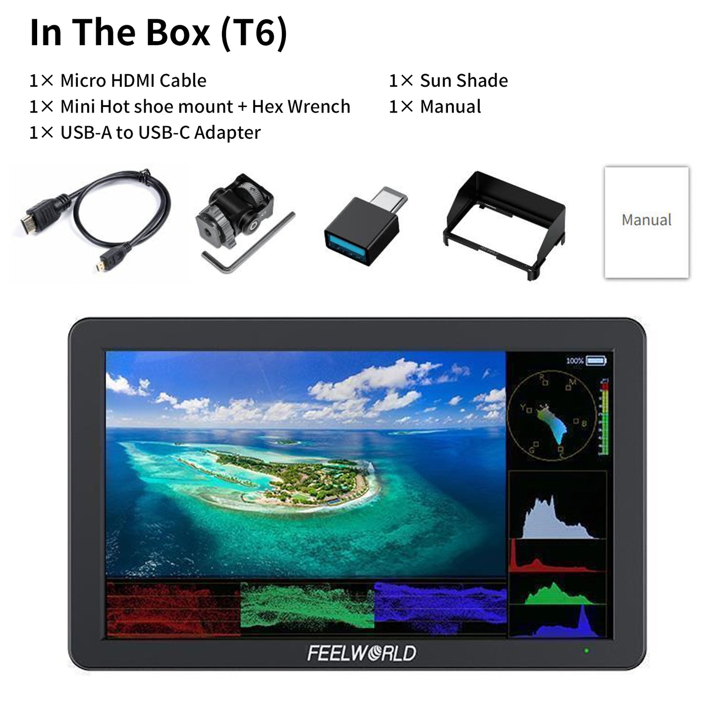 FEELWORLD T6 6-Inch Camera Field Video Monitor Aluminium Housing 4K HDMI USB-C Power Input
