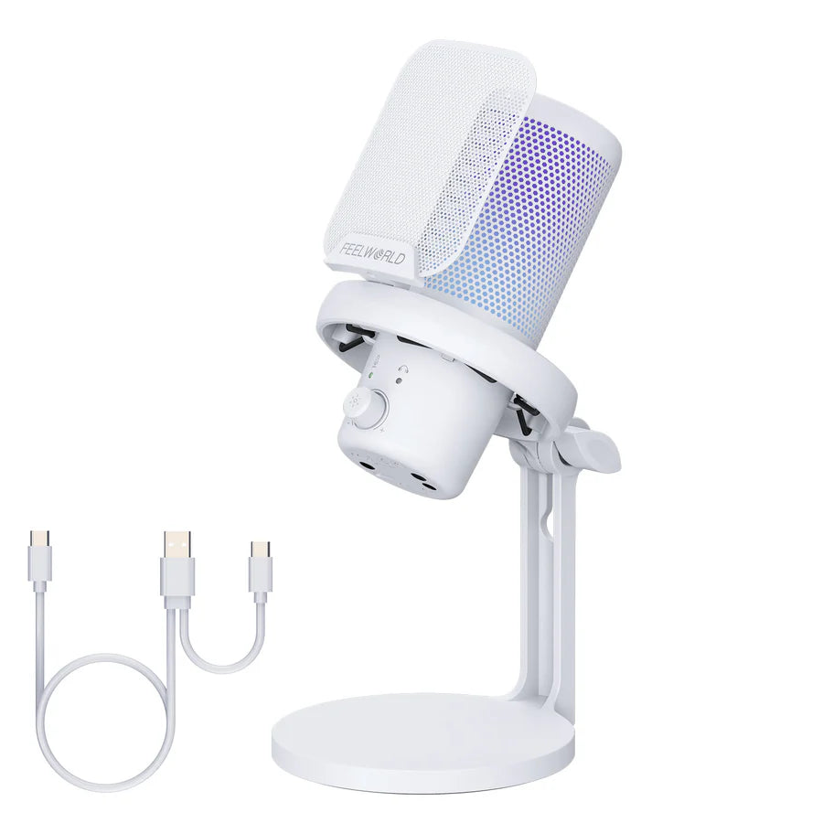FEELWORLD VM1 USB Condenser Gaming Microphone for Streaming Noise Cancellation Mute RGB Light Desktop Stand