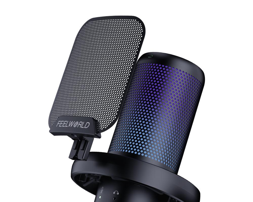 FEELWORLD VM1 USB Condenser Gaming Microphone for Streaming Noise Cancellation Mute RGB Light Desktop Stand